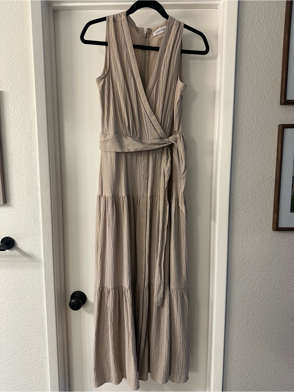 Calvin Klein Sleeveless Wrap Maxi Dress in Taupe